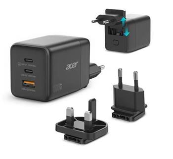 Acer 100W GaN charger - Black; 3 nabíjecí porty: 2x USB-C + 1x USB-A; rychlé nabíjení (PD3.0, PPS, Quick Charge) EU+UK;obal,černý