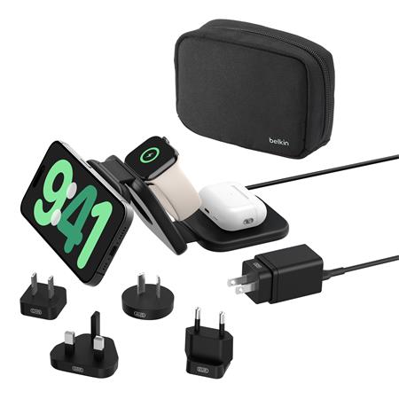 Belkin BOOST CHARGE™ PRO Qi2 3v1 Bezdrátová skládací cestovní podložka pro iPhone/Apple Watch/AirPods, černá + adaptéry