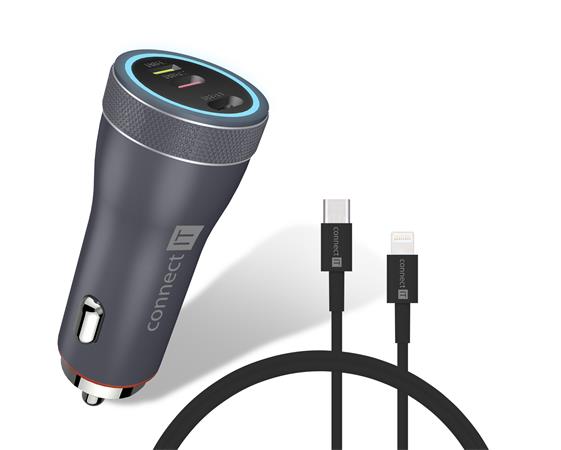 CONNECT IT InCarz DUPLEX nabíječka do auta, 2x USB-C, 1x Lightning, ANTRACITOVÁ