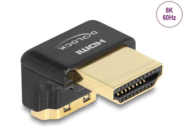 Delock Adaptér HDMI, ze zástrčky na zásuvku, 90° pravoúhlý dolů 8K 60 Hz, kovový