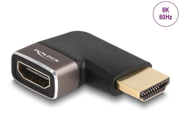 Delock Adaptér HDMI, ze zástrčky na zásuvku, 90° zahnutá doleva 8K 60 Hz, šedá kovová