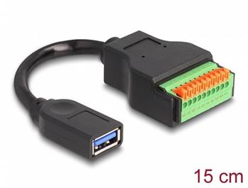 Delock Adaptér kabelu ze zásuvkového konektoru USB 3.2 Gen 1 Typu-A na svorkovnici, s tlačítkem, 15 cm