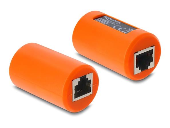 Delock Adaptérová spojka RJ45 ze zásuvky na zásuvku Cat.6A, stíněná, s ochranou proti přepětí, kulatá, oranžová