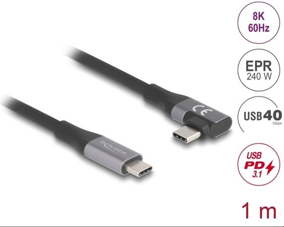 Delock Kabel USB 40 Gbps, pravoúhlý levý / pravý USB PD 3.1 Extended Power Range 240 W 1 m