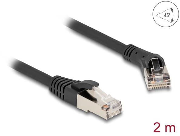 Delock Síťový kabel RJ45 Cat.8.1 S/FTP, ze zástrčky zalomené doprava 45° na přímou zástrčku, až 40 Gbps, 2 m, černý