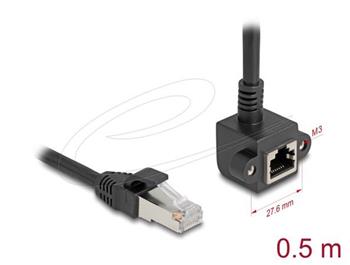 Delock Síťový prodlužovací kabel ze zástrčky RJ45 na zásuvku RJ45, úhlový, 90°, Cat.6, F/UTP, 0,5 m, černý
