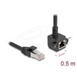Delock Síťový prodlužovací kabel ze zástrčky RJ45 na zásuvku RJ45, úhlový, 90°, Cat.6, F/UTP, 0,5 m, černý