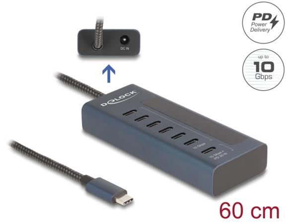 Delock USB 10 Gbps Hub se 7 porty USB Type-C™, z nichž 6 x datové porty a 1 x datový port s napájecím výkonem až 20 W