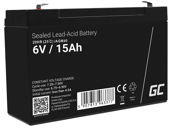 Green Cell AGM VRLA 6V 15Ah maintenance-free battery for the alarm system, cash register, toys