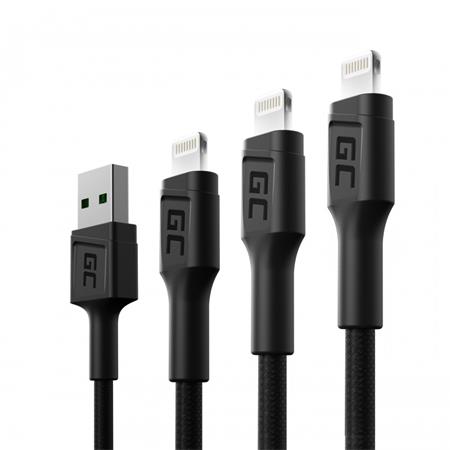 Green Cell Set 3x Cable GC Ray USB - Lightning 30cm, 120cm, 200cm for iPhone, iPad, iPod, white LED, quick charging