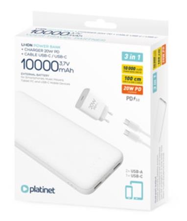 PLATINET POWER BANK 10000 mAh + PD CHARGER 20W + USB-C kabel bílá