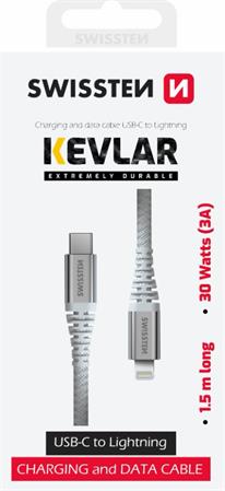 SWISSTEN DATOVÝ KABEL KEVLAR USB-C / LIGHTNING 1,5 M BÍLÝ