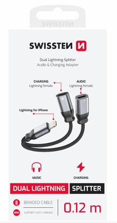 SWISSTEN NABÍJECÍ AUDIO ADAPTÉR TEXTILE LIGHTNING (samec) / 2x LIGHTNING (samice) 0,12 M ČERNÝ