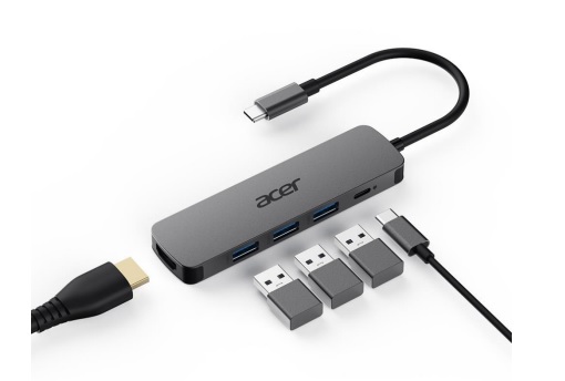 vzorek Acer 5IN1 Type- C dongle, 1x HDMI (až 3840x2160@60hz), 3x USB 3.0 5Gbps ports, 1x Type-C up to 100W PD port (host)